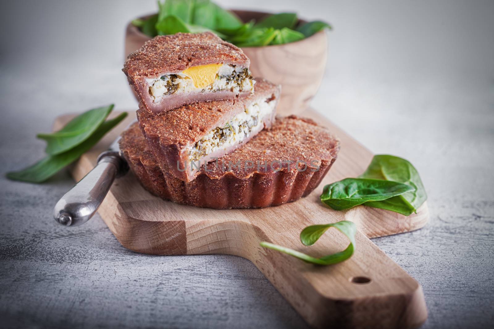 Mini spinach pie.  Gluten-free, flour from rice, flax 