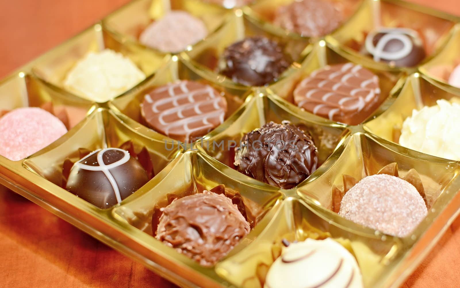 A Close up of Belgian Chocolate Pralines in the Box. 