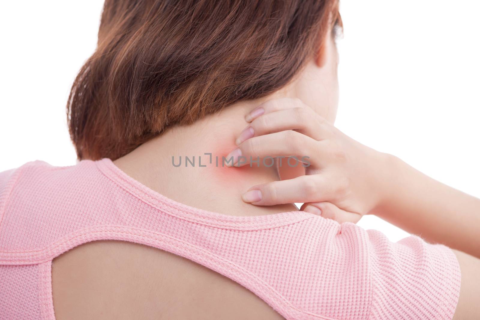 Asian woman with pain in her neck and shoulder, Isolated over white background.