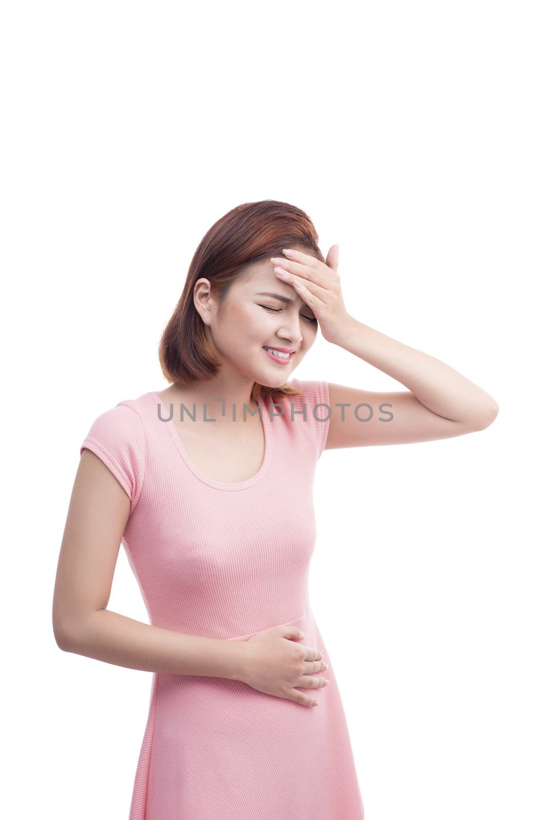 People, healthcare, stress and problem concept - unhappy asian young woman suffering from headache