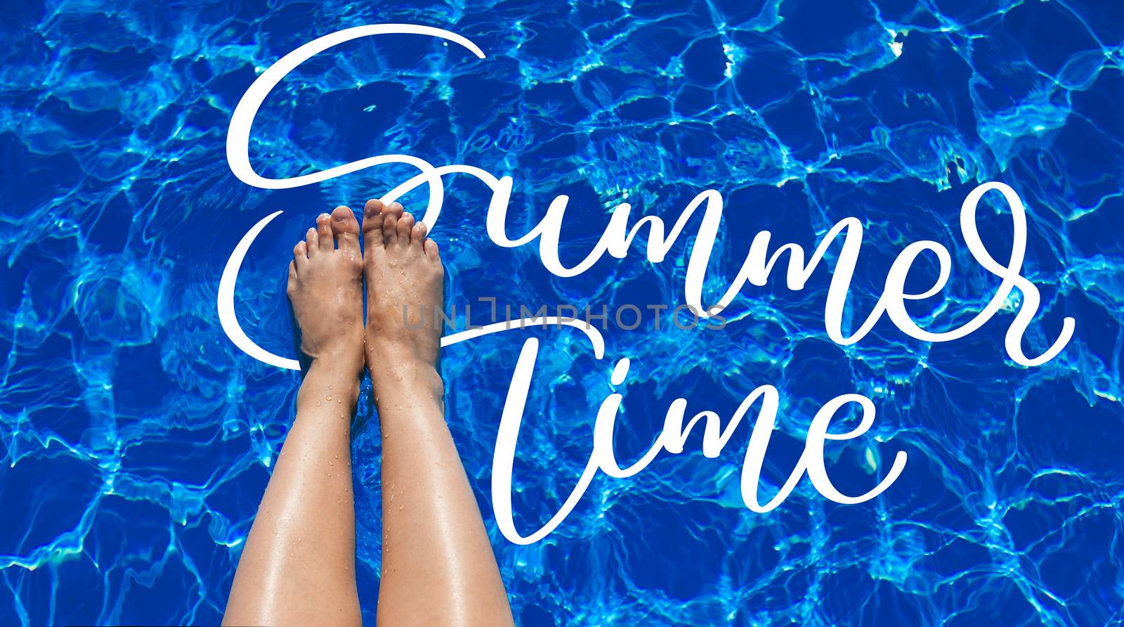 legs girl on a background of pool water and text Summer time. Calligraphy lettering hand draw by timonko