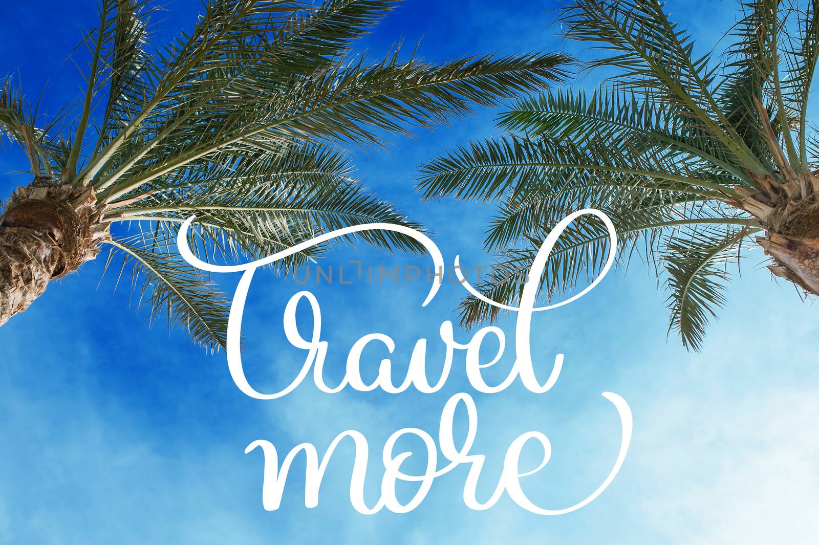 Two palm treetops against a sunny sky and Travel more text. Calligraphy lettering hand draw by timonko