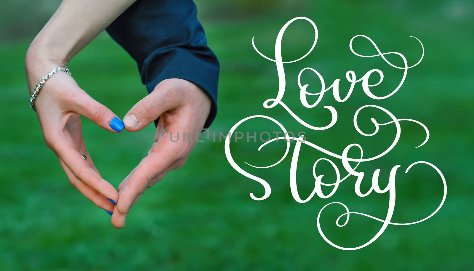 Bride and groom hands making heart and vintage text Love story. Calligraphy lettering hand draw.