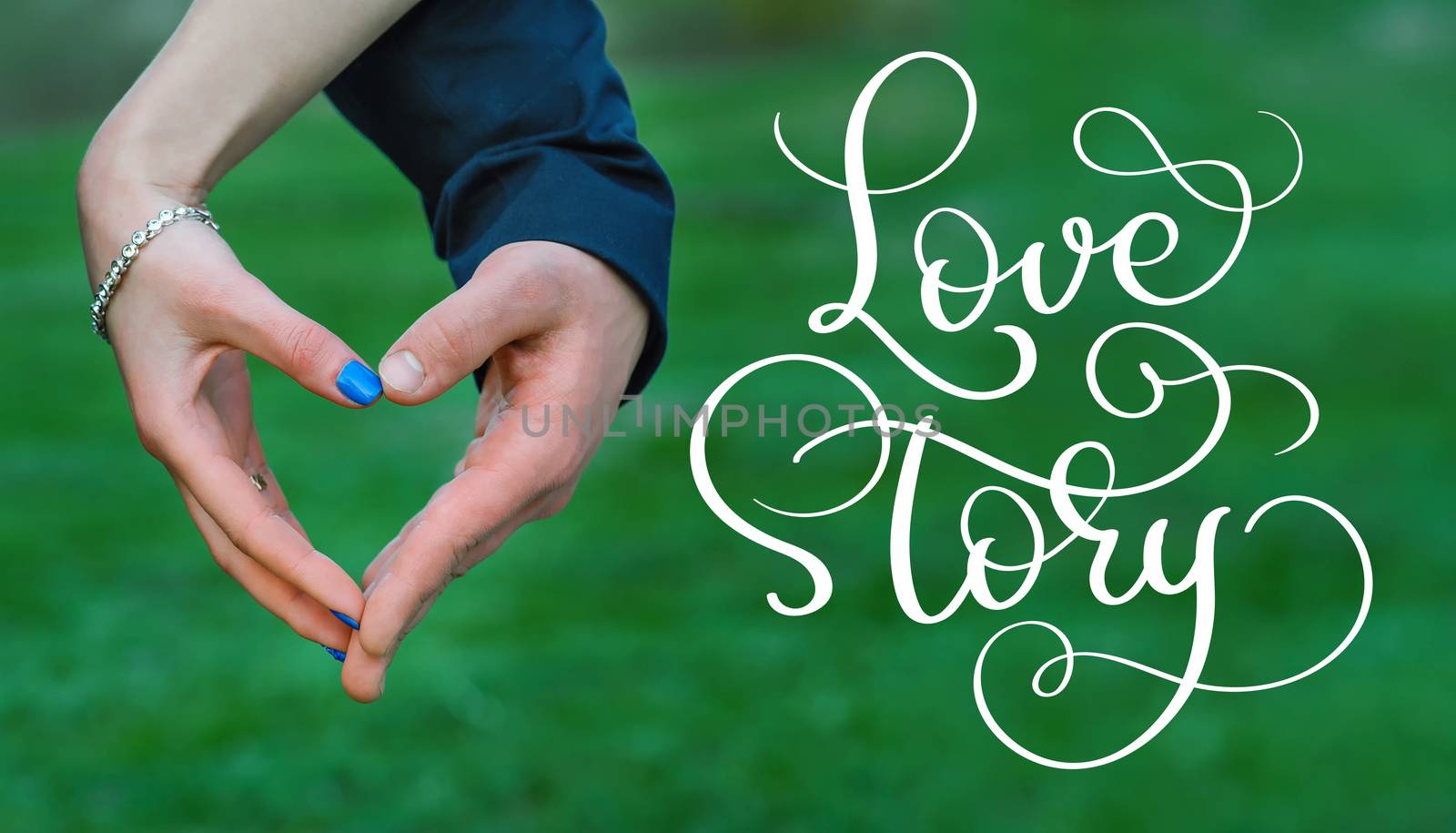 Bride and groom hands making heart and vintage text Love story. Calligraphy lettering hand draw by timonko