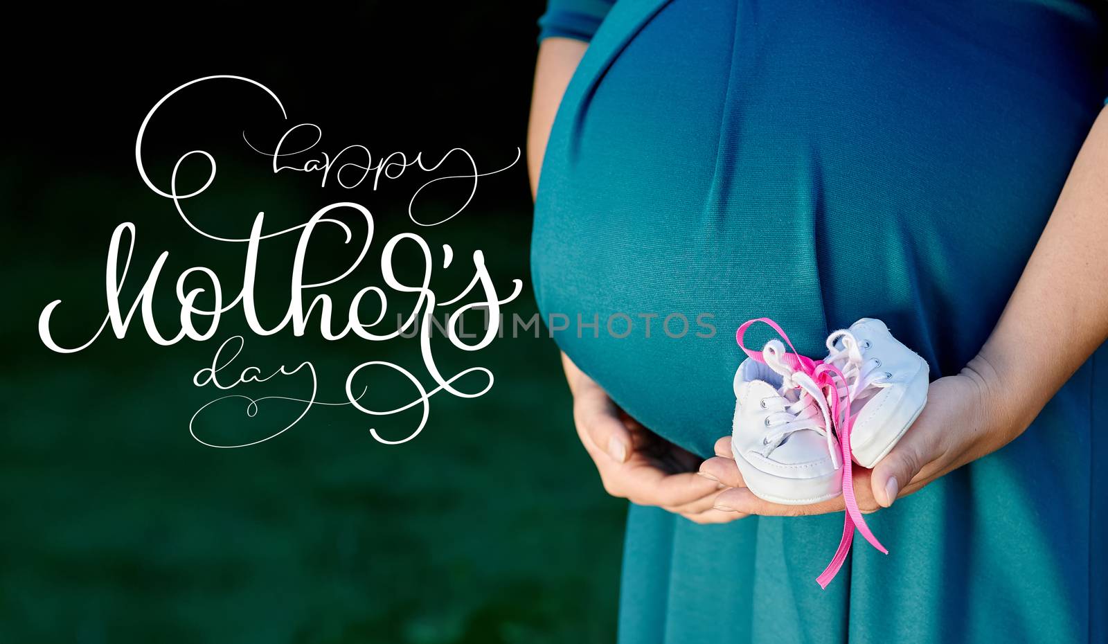 Image of pregnant woman touching her belly with hands and text Happy mothers day. Calligraphy lettering hand draw by timonko
