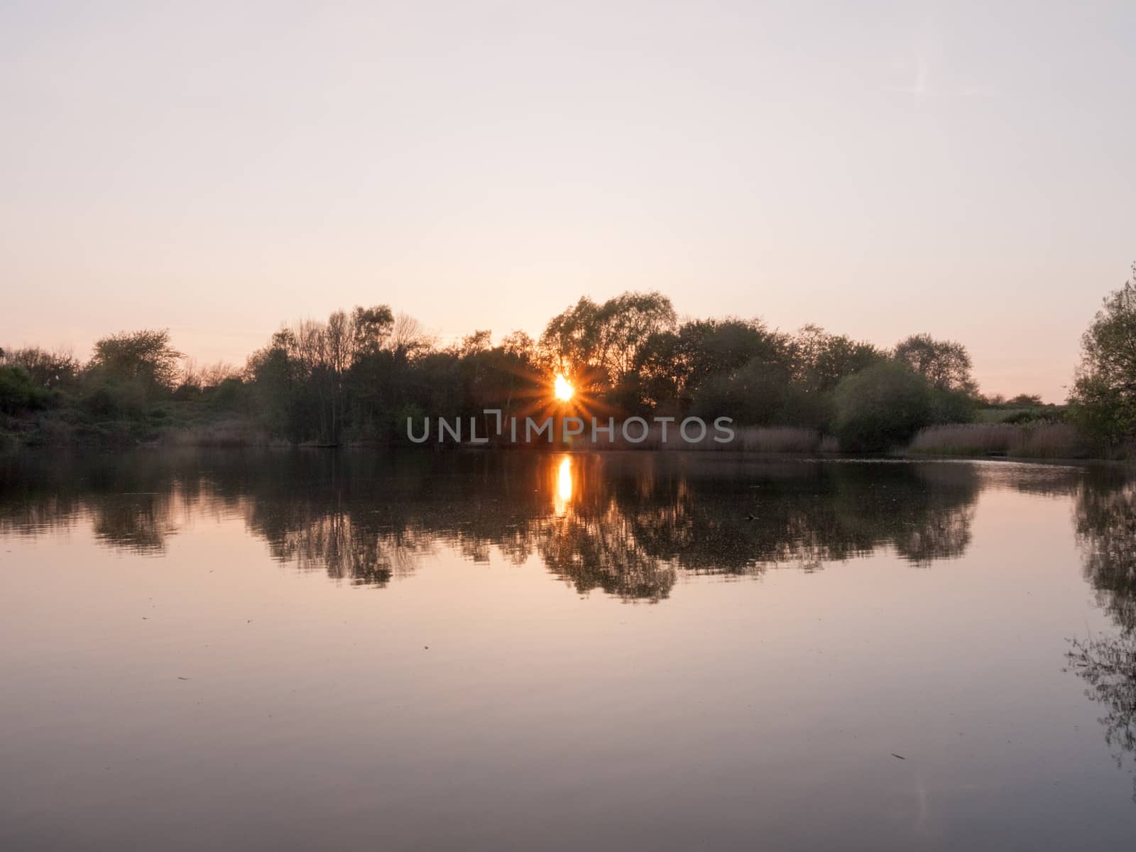 beautiful sun set over a lake in spring with a sun globe orb tree reflections in lake pond