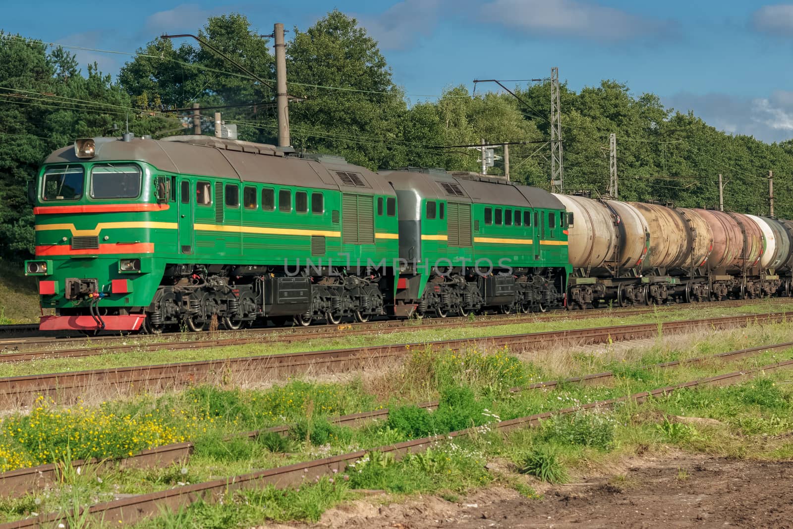 Freight train with tank wagons moving in forest
