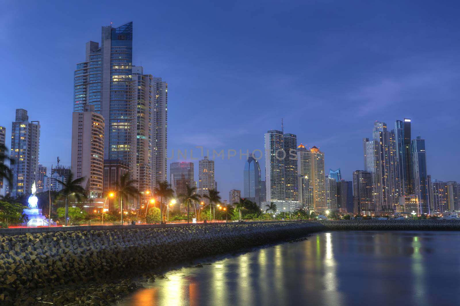 Panama City skyline and Bay of Panama, Central America in the tw by dacasdo