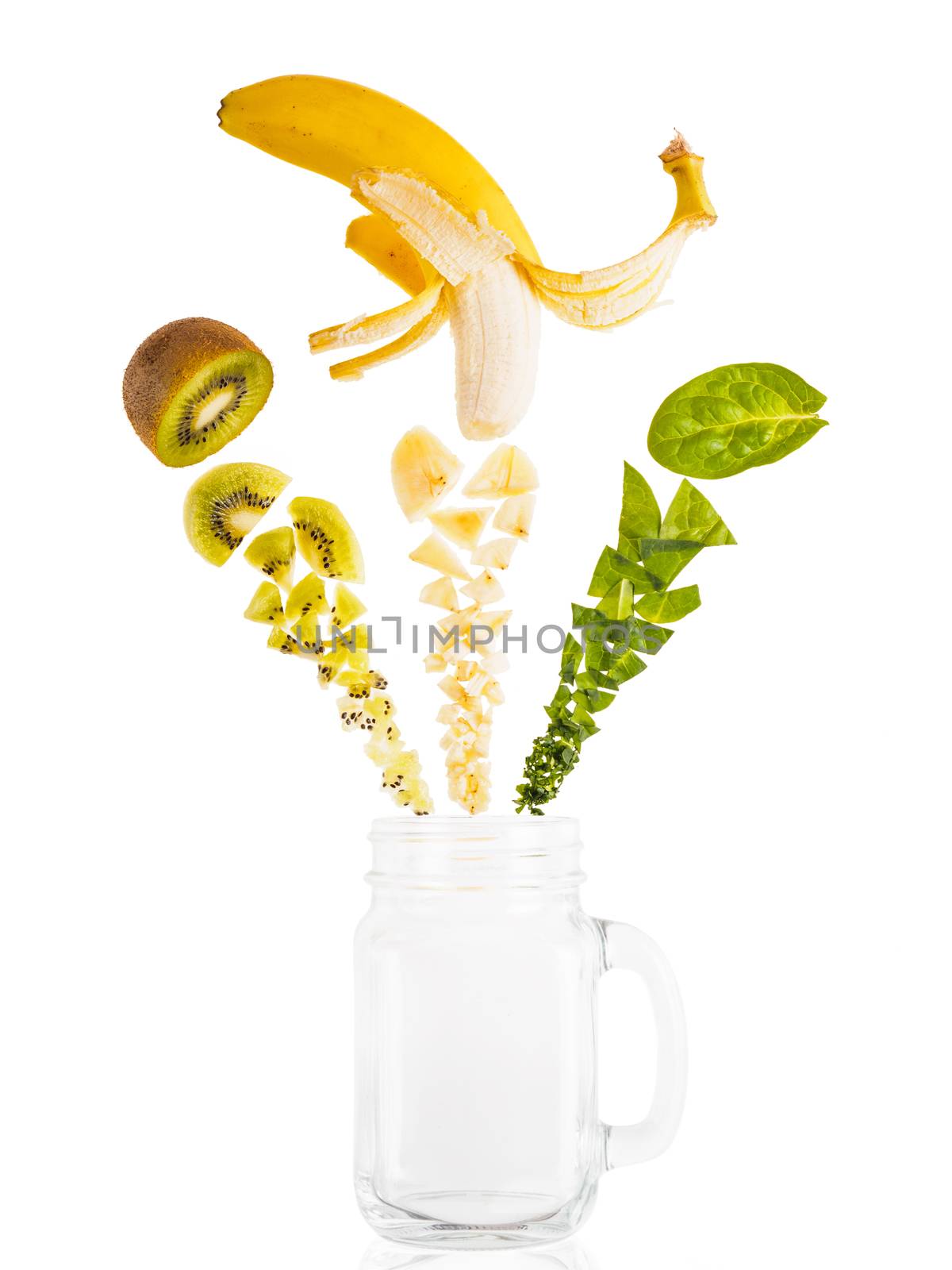 Smoothie ingredients. Kiwi, banana and spinach and mason jar. Superfoods and healthy lifestyle or detox diet food concept. Top view or flat lay. Isolated on white, clipping path.