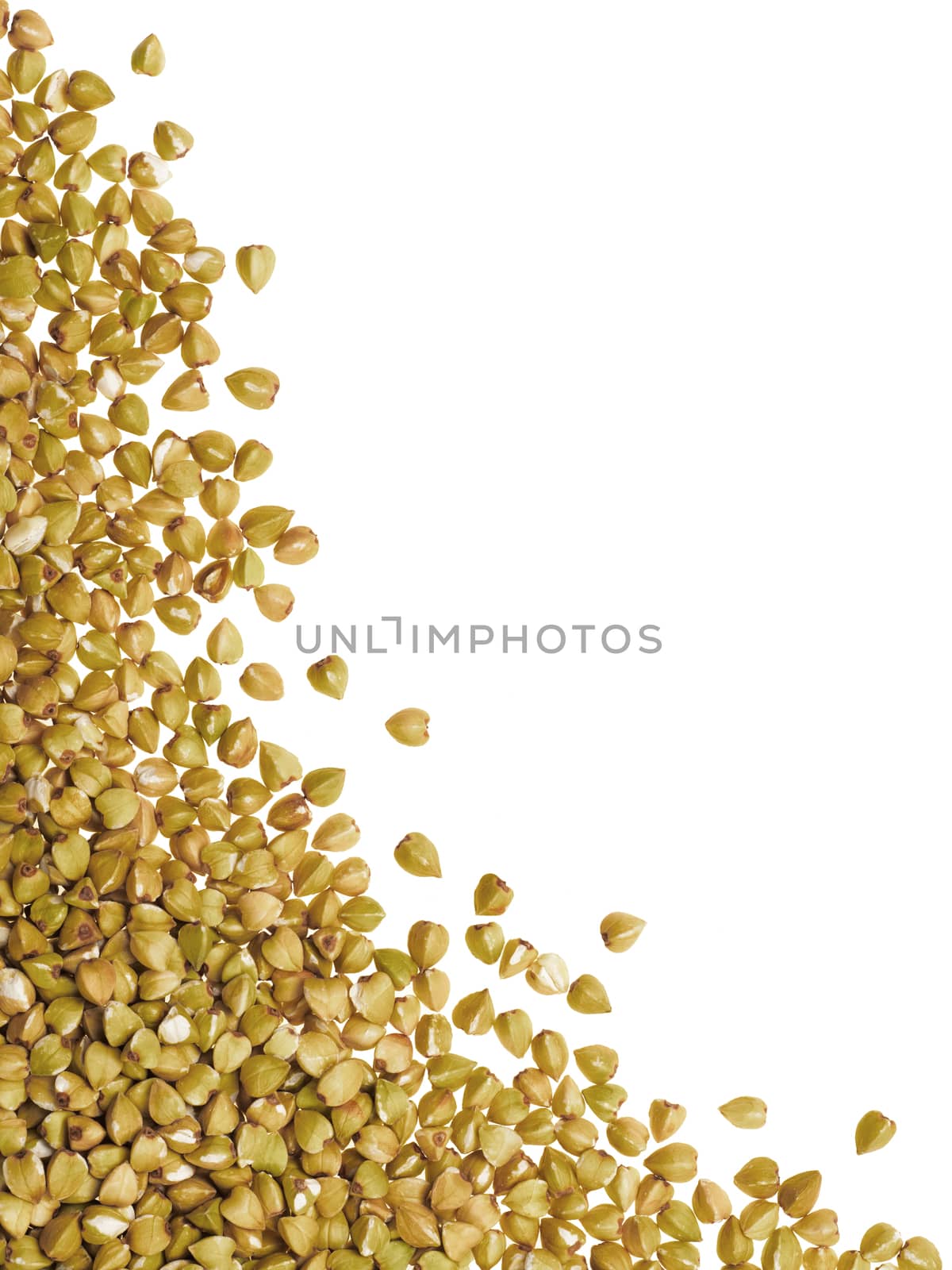 Raw green buckwheat with copy space. Isolated one edge. Top view or flat lay. Vertical.