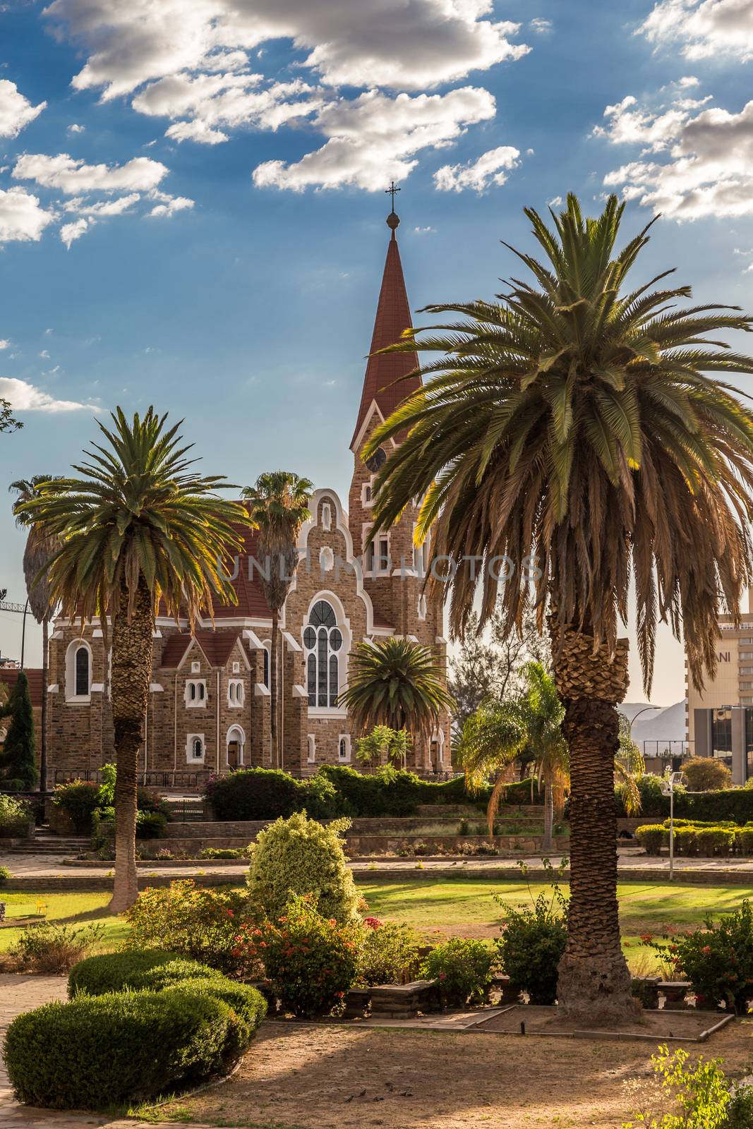 Luteran Christ Church and park with palms in front, Windhoek, Namibia