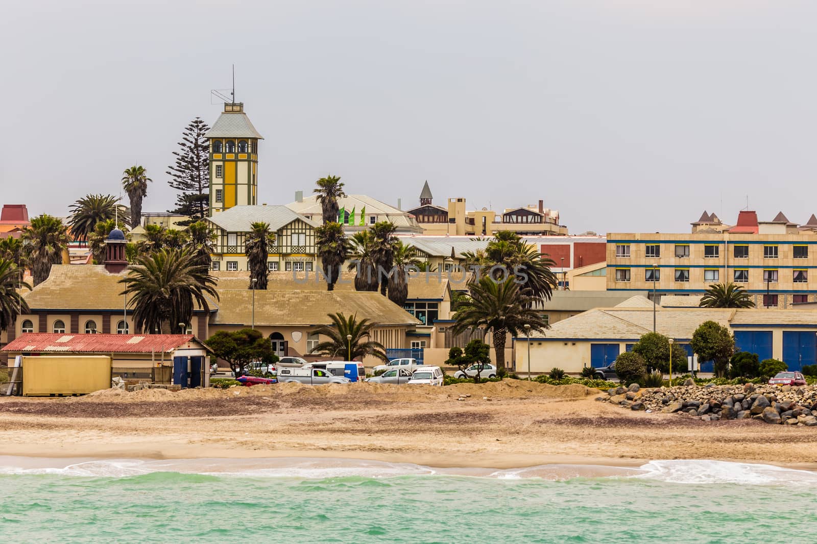Waves and the coastline of Swakopmund German colonial town, Namibia