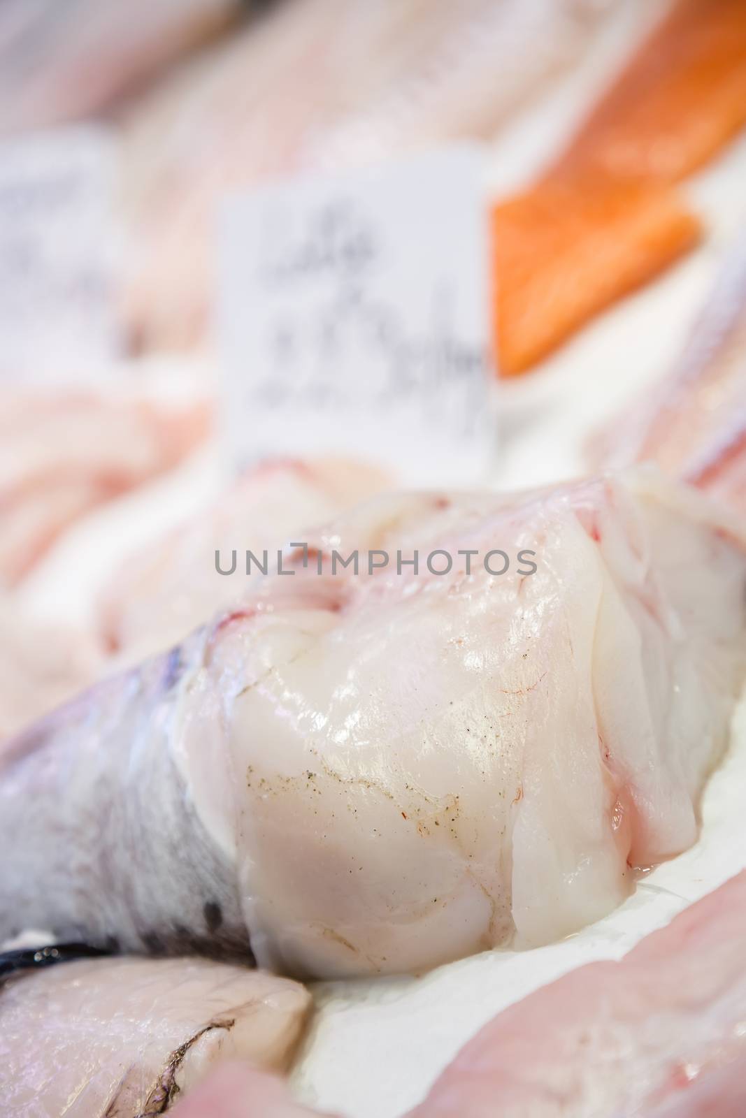 Fresh monkfish fillet on ice for sale at market with salmon on background