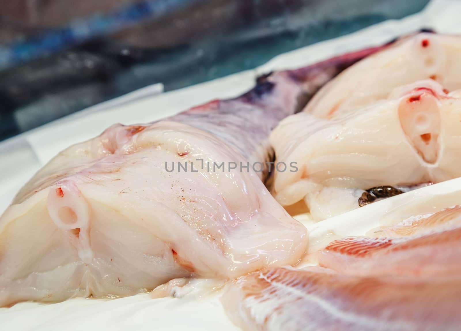 Fresh monkfish fillet on ice for sale at market by pixinoo