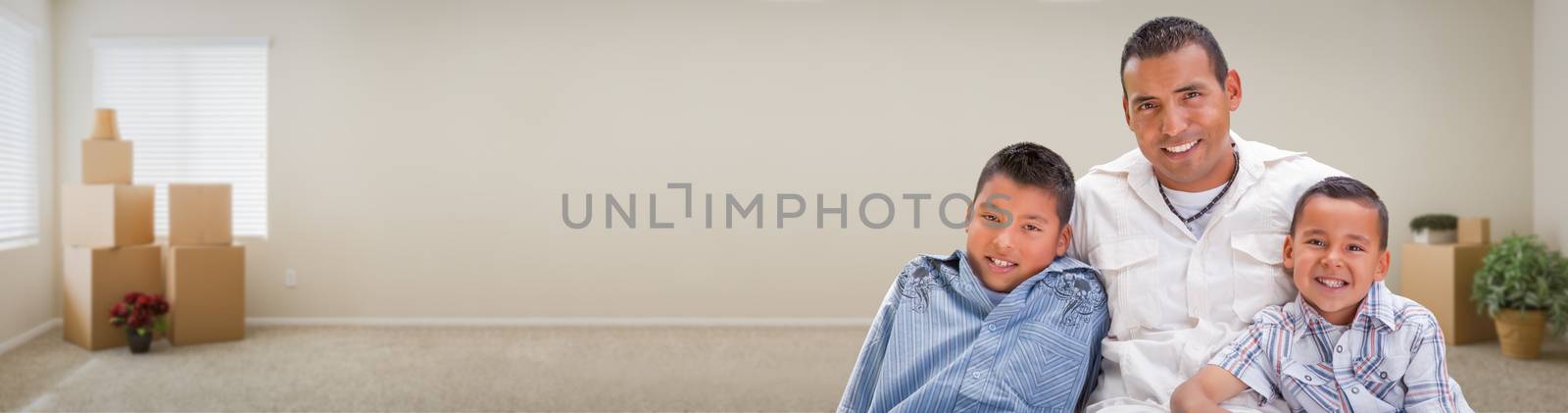 Young Hispanic Father and Sons Family Inside Room with Boxes Banner.