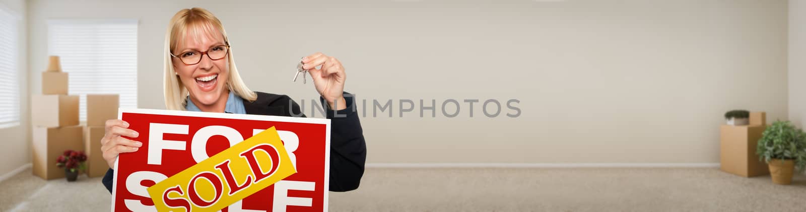 Banner of Adult Woman Inside Room with Boxes Holding House Keys and Sold For Sale Real Estate Sign.