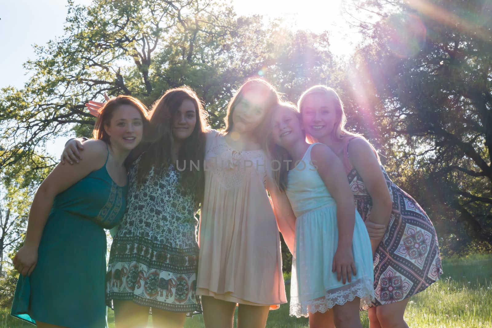 Young Girls Standing Together in Green Field With Trees in the Background and Sunlight Overhead