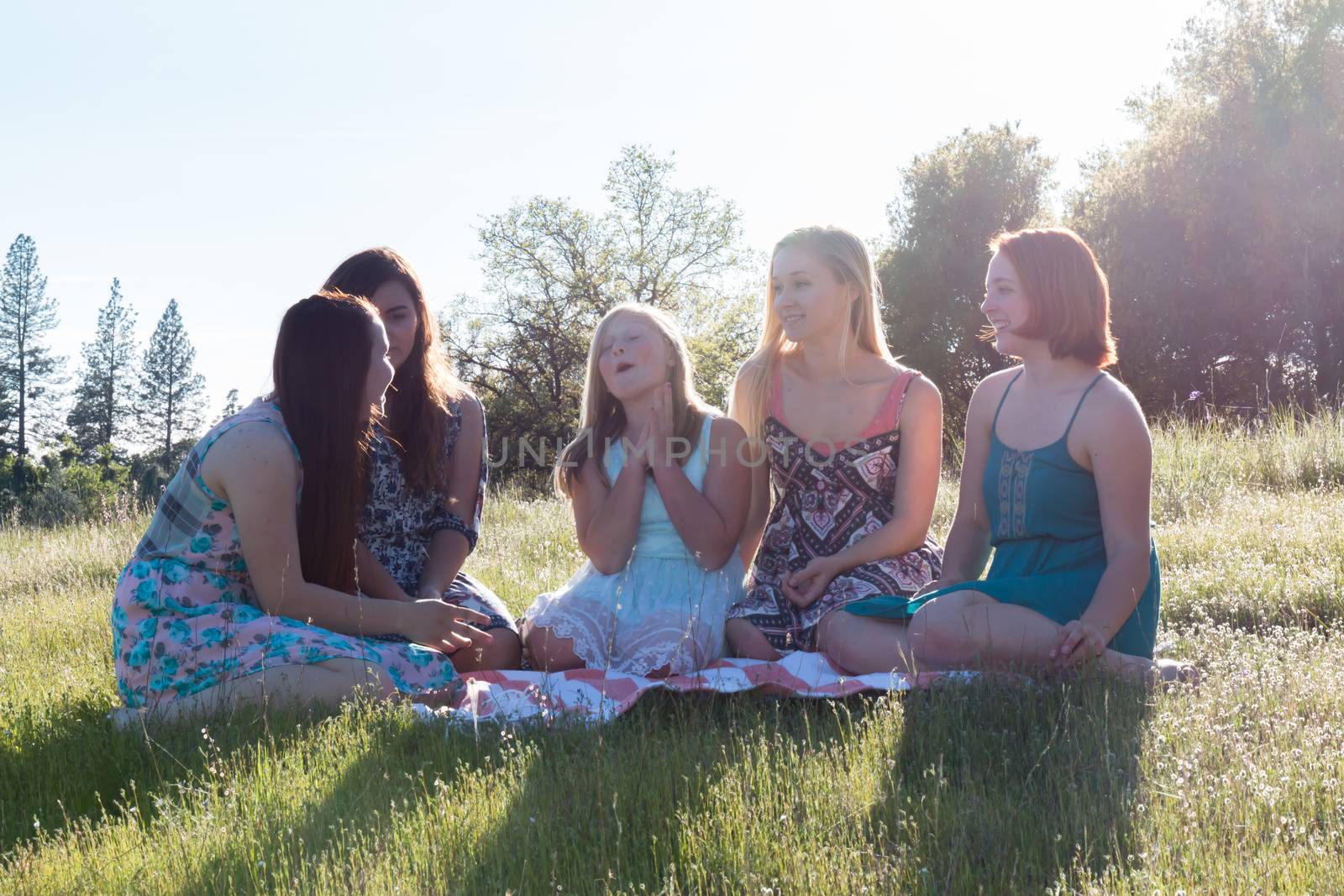 Group of Girls Sitting Together in Grassy Field With Sunlight Overhead