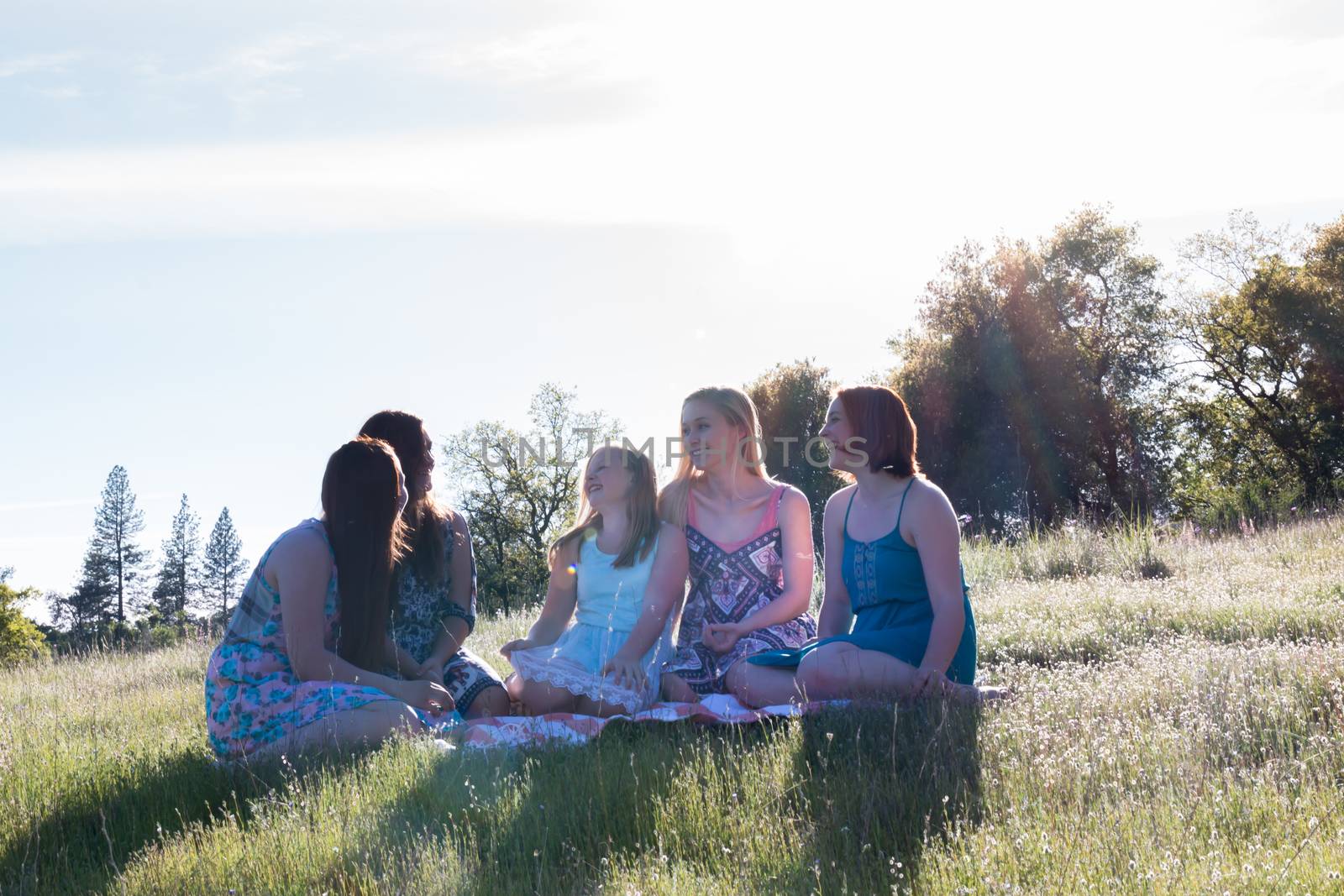 Group of Girls Sitting Together in Grassy Field With Sunlight Overhead