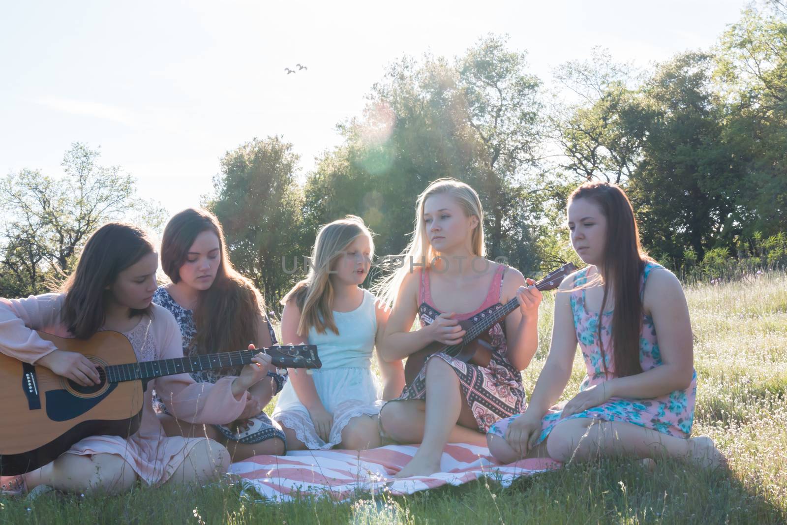 Young Girls Sitting Together in Grassy Field Singing and Playing Musical Instruments With Sunlight Overhead