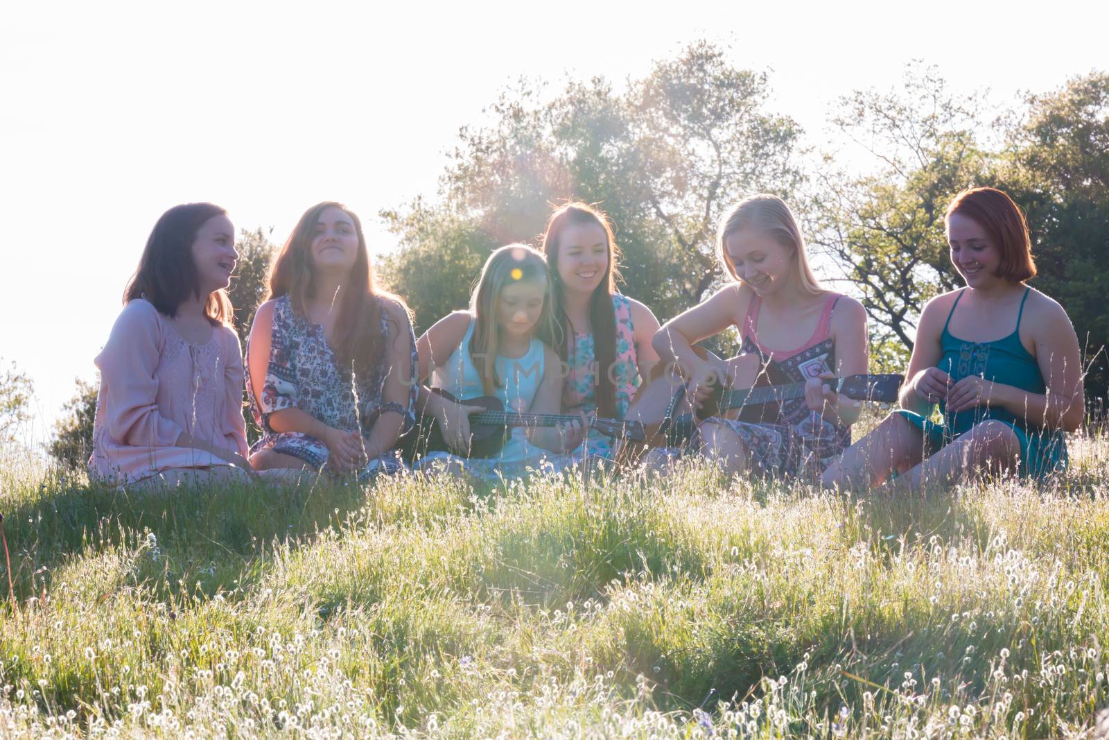 Young Girls Sitting Together in Grassy Field Singing and Playing Musical Instruments With Sunlight Overhead