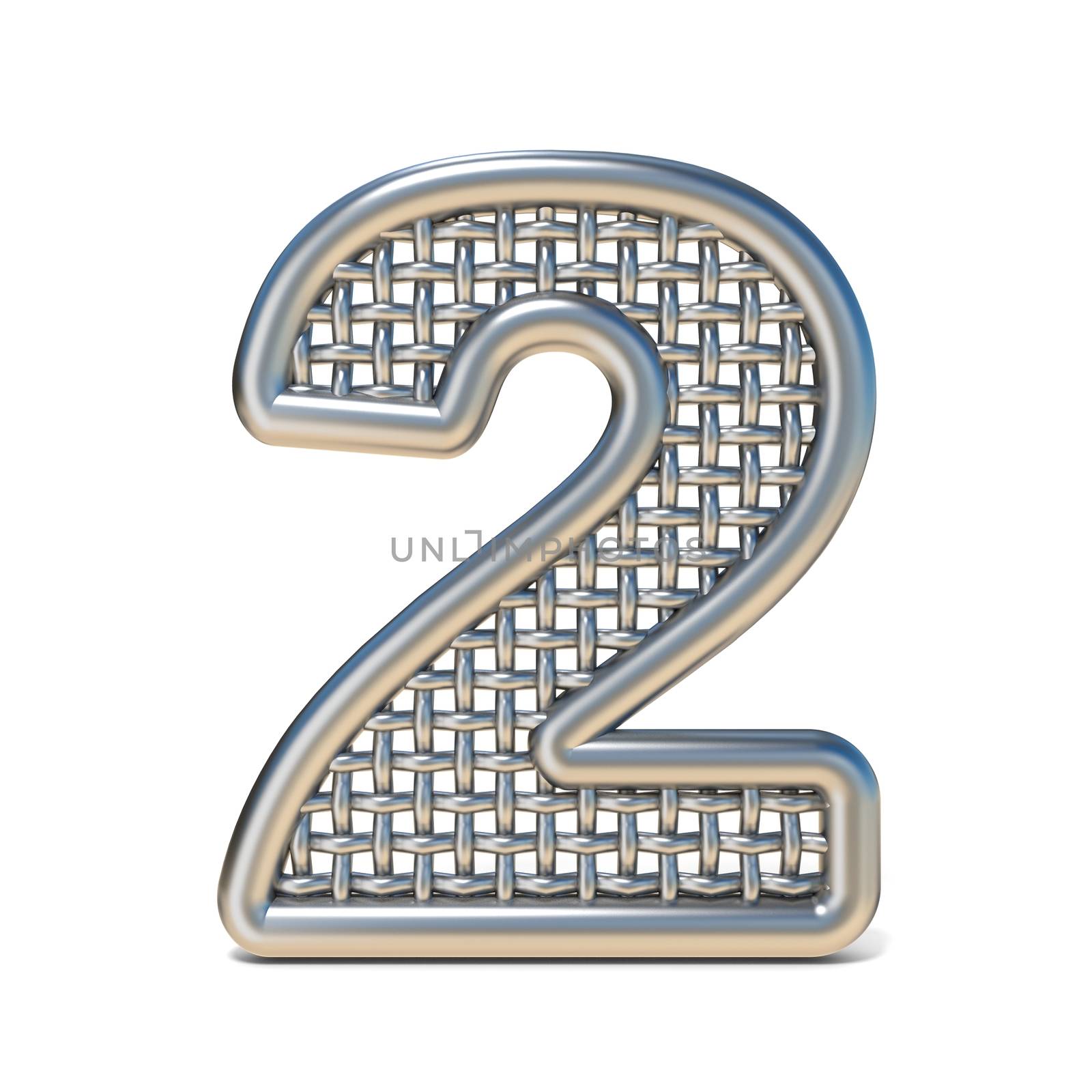 Outlined metal wire mesh font Number 2 TWO 3D render illustration isolated on white background