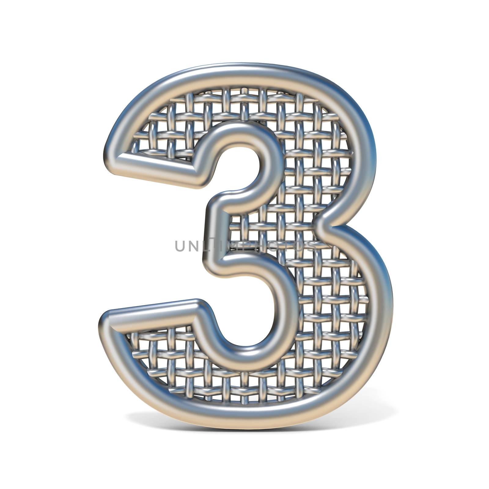 Outlined metal wire mesh font Number 3 THREE 3D render illustration isolated on white background