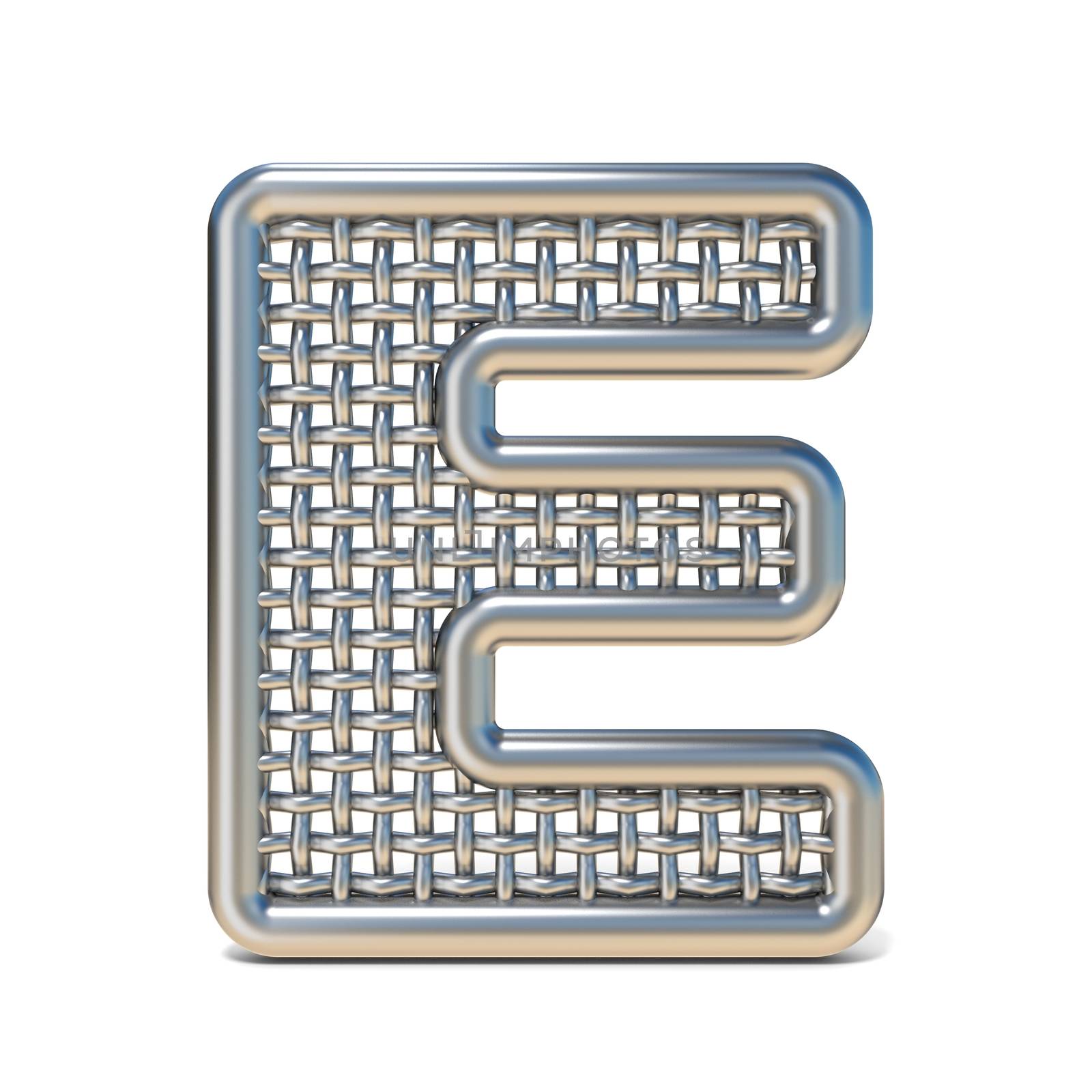 Outlined metal wire mesh font LETTER E 3D render illustration isolated on white background