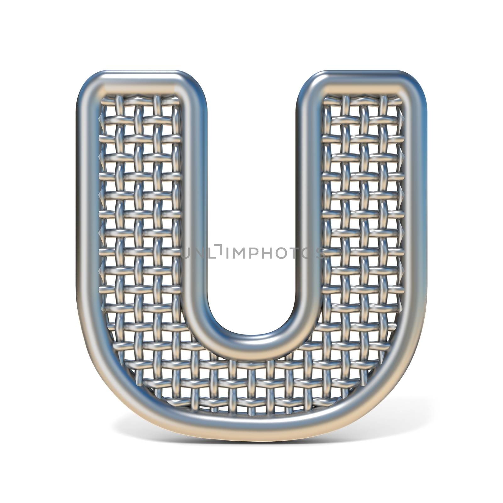 Outlined metal wire mesh font LETTER U 3D render illustration isolated on white background
