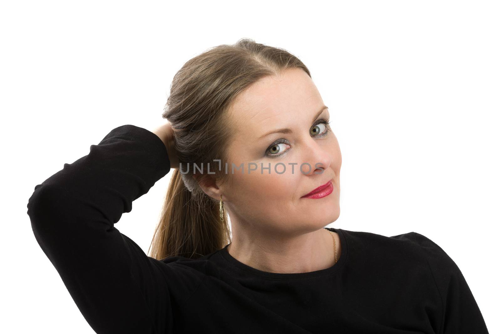 Portrait of beautiful middle age woman patient with cancer before shaving heads isolated on white background, hope in healing.