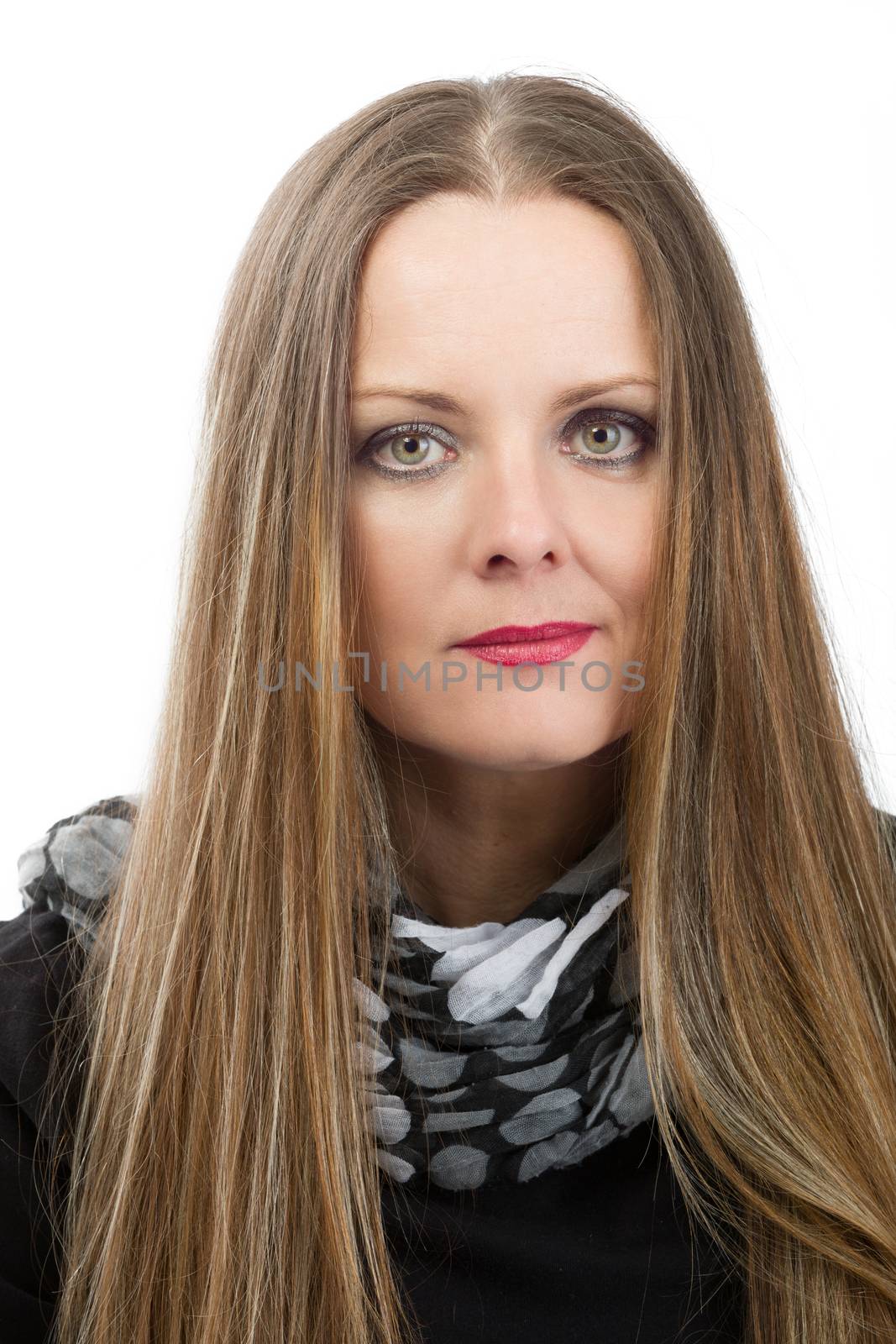 Portrait of beautiful middle age woman patient with cancer before shaving heads isolated on white background, hope in healing.
