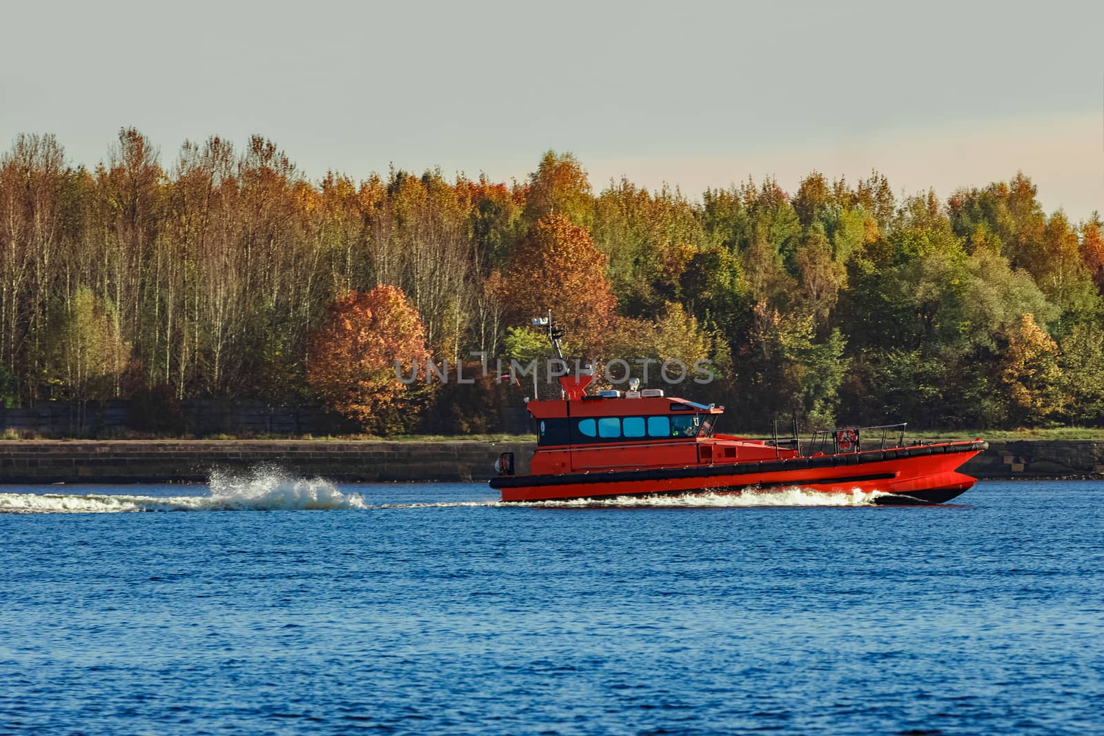 Red pilot ship moving past the autumn trees in Europe