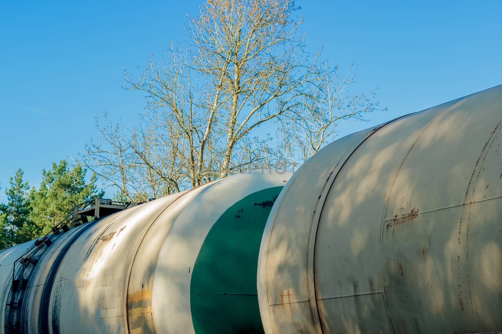 Tank wagons with oil. Freight train in forest