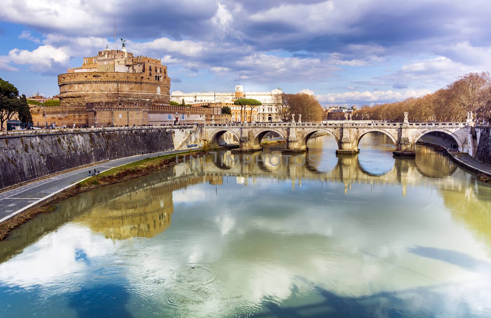 Castel Sant’Angelo in Rome viewed from Vittorio Emanuele Bridge on a cloudy day