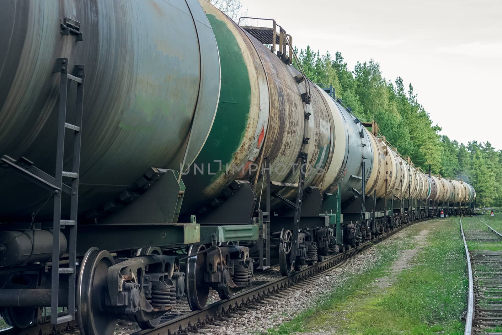 Tank wagons with oil. Freight train in forest