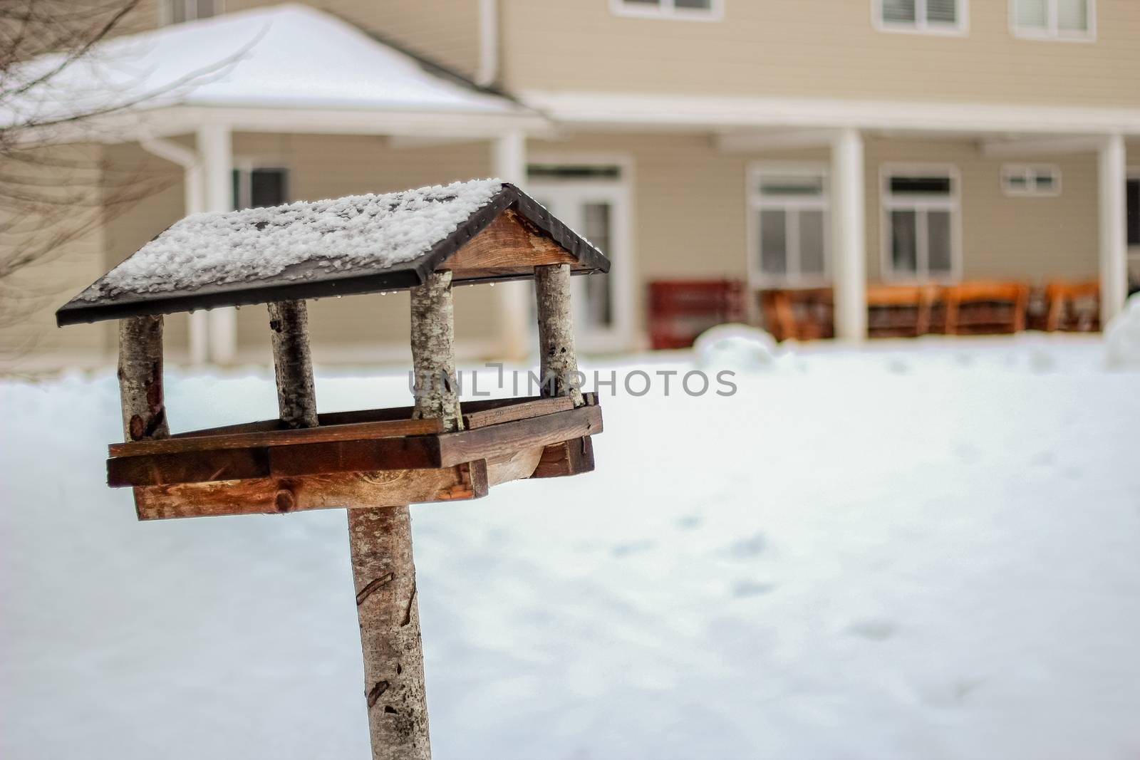 Wooden birdhouse in winter day close up