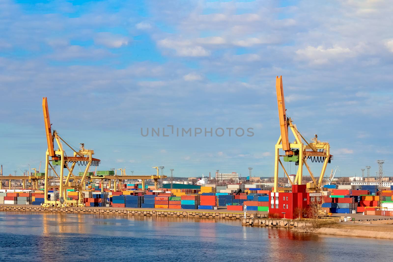 Baltic container terminal with port cranes. Riga cargo terminal