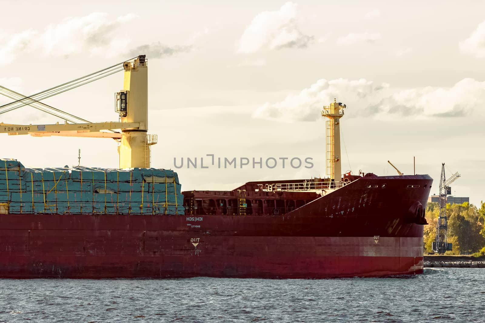 Red cargo ship's bow. Bulk carrier moving to the port