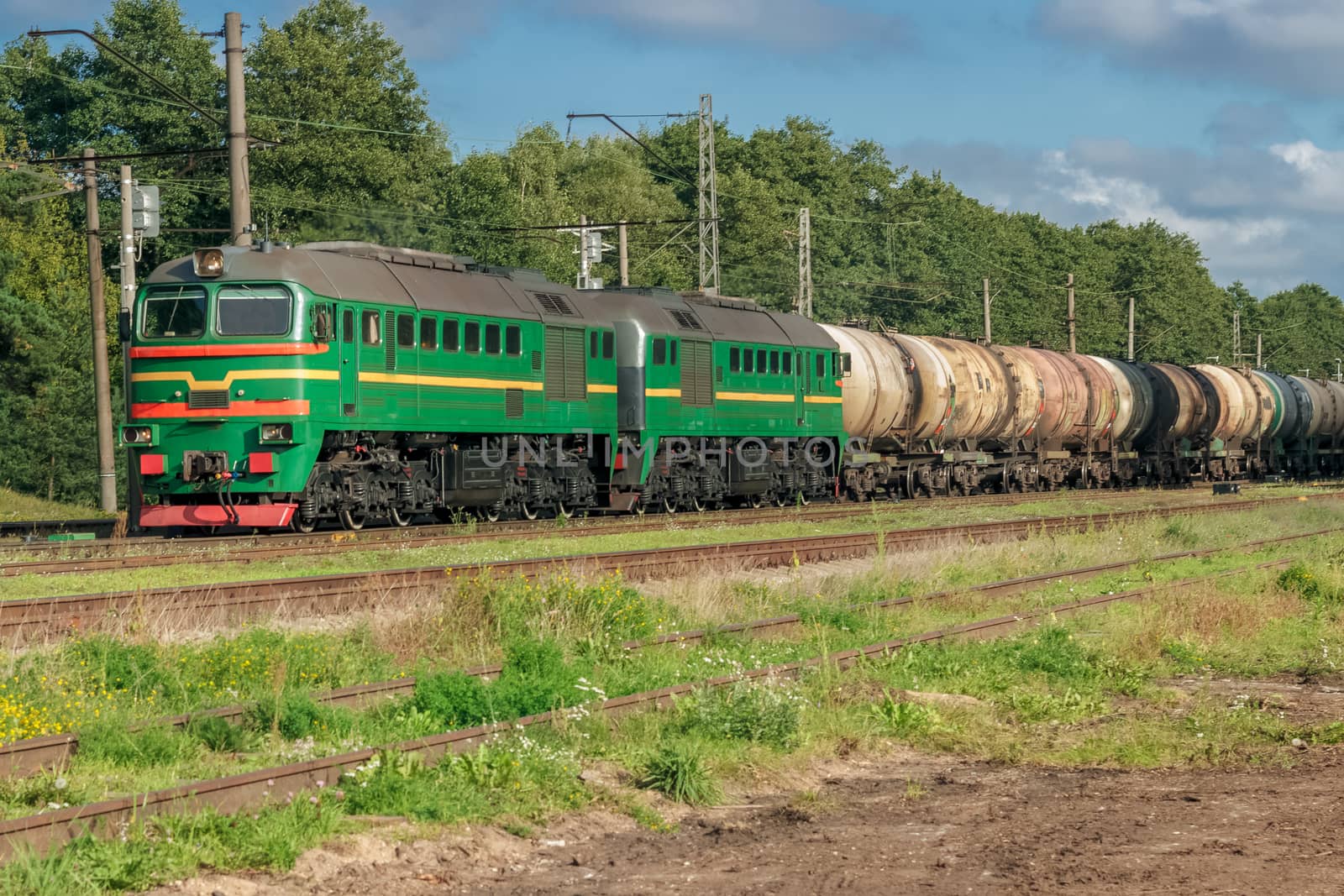 Freight train with tank wagons in forest. Green cargo locomotive
