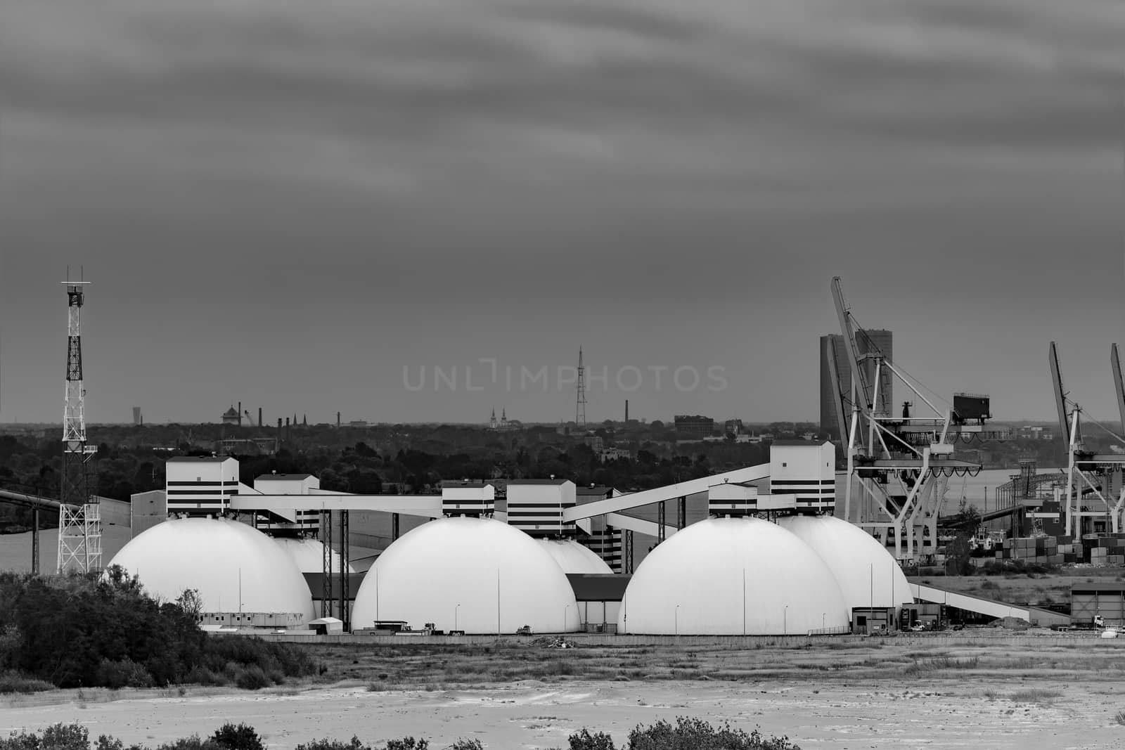 Fertilizer terminal with saltpeter in Riga, Latvia. Monochrome