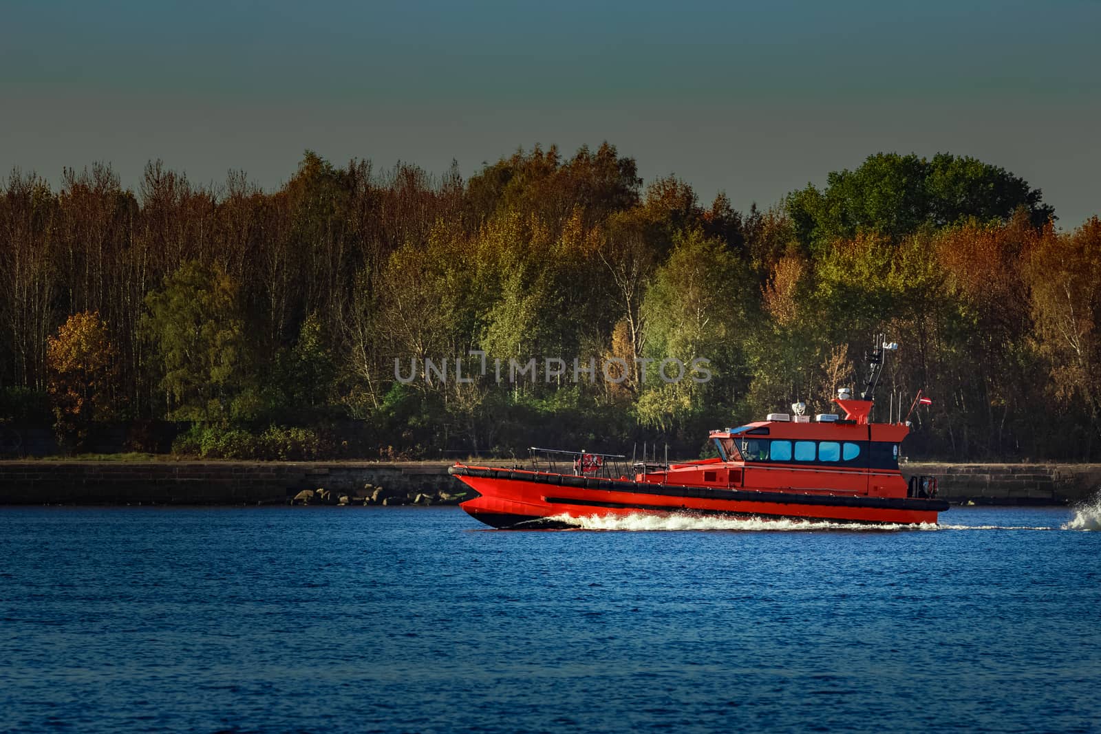 Red pilot ship moving past the autumn trees in Europe