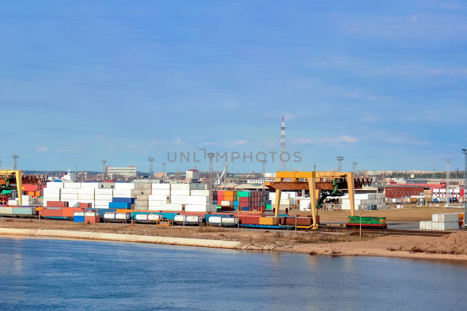 Baltic container terminal with port cranes. Riga cargo terminal