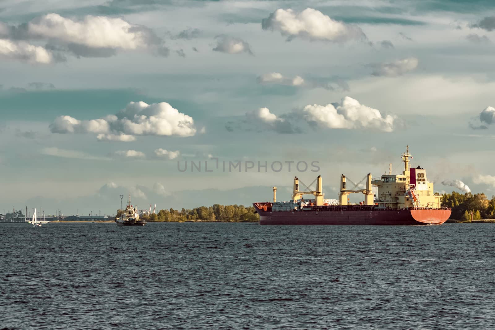 Red cargo ship and the tug ship guide it to the port