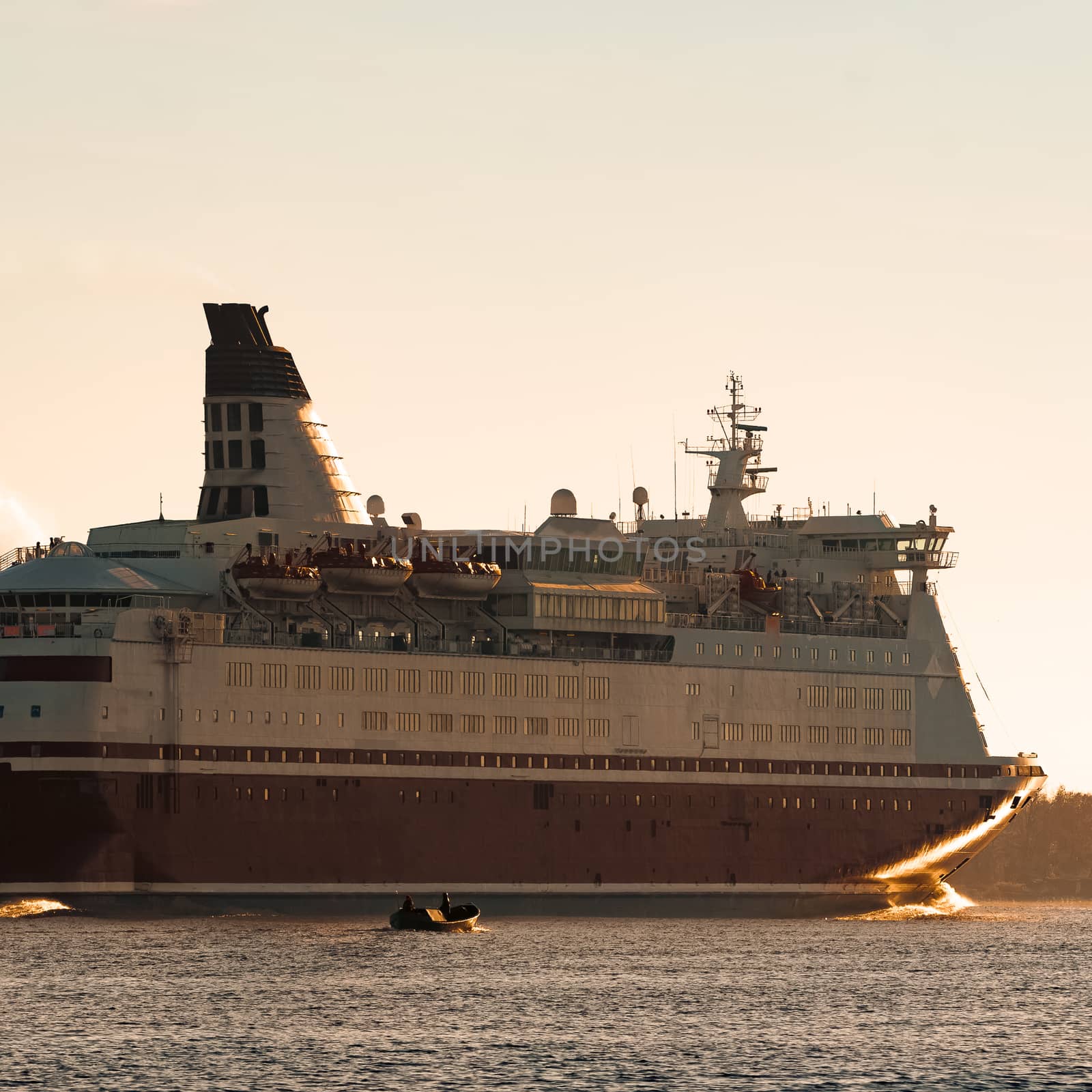 Big cruise liner. Passenger ferry ship entering Riga at morning