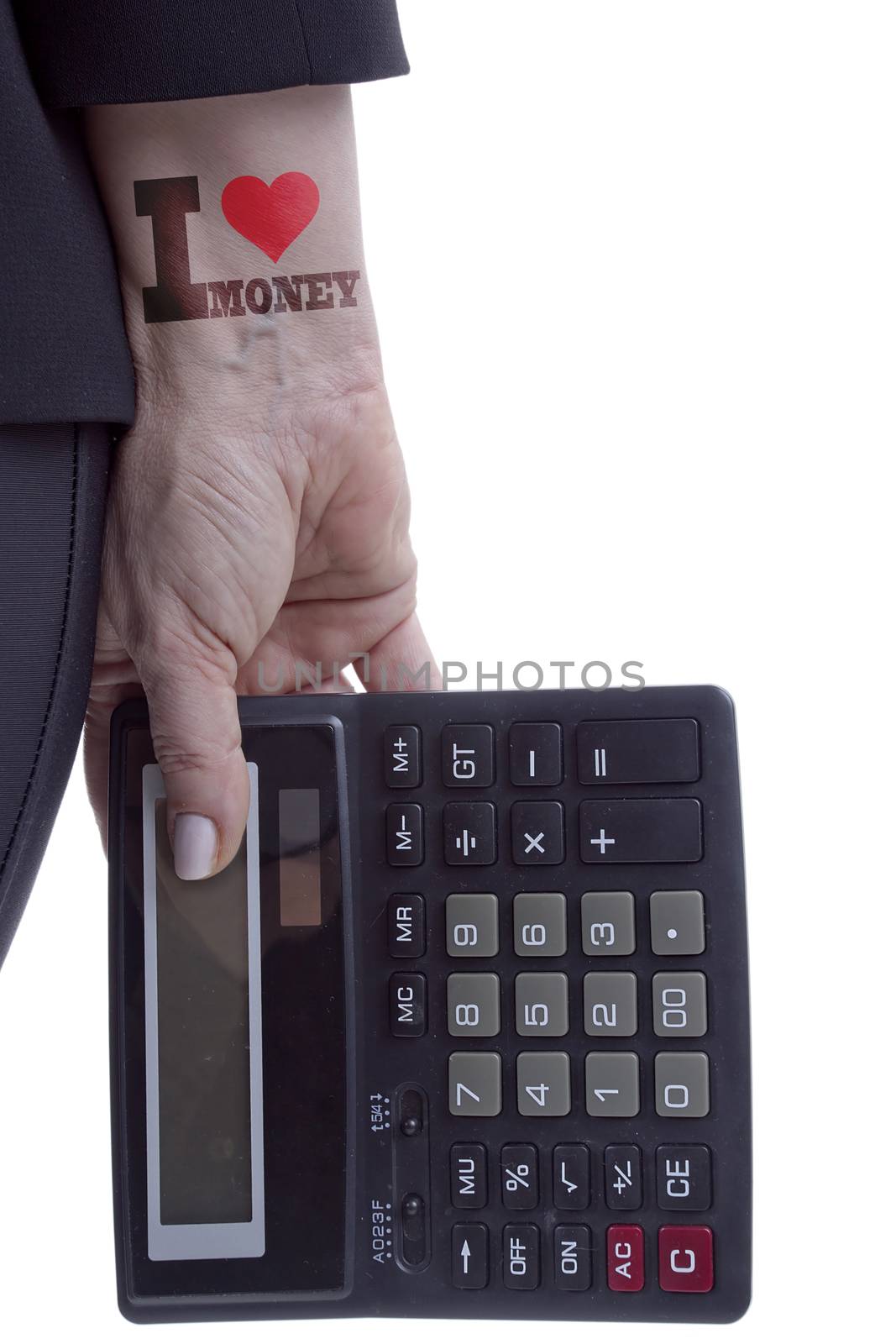 I love money. Poster on finance, female hand with a calculator.