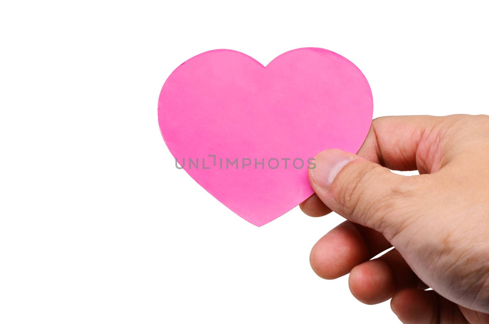 Hand holding a tag hearts valentines day isolated on white