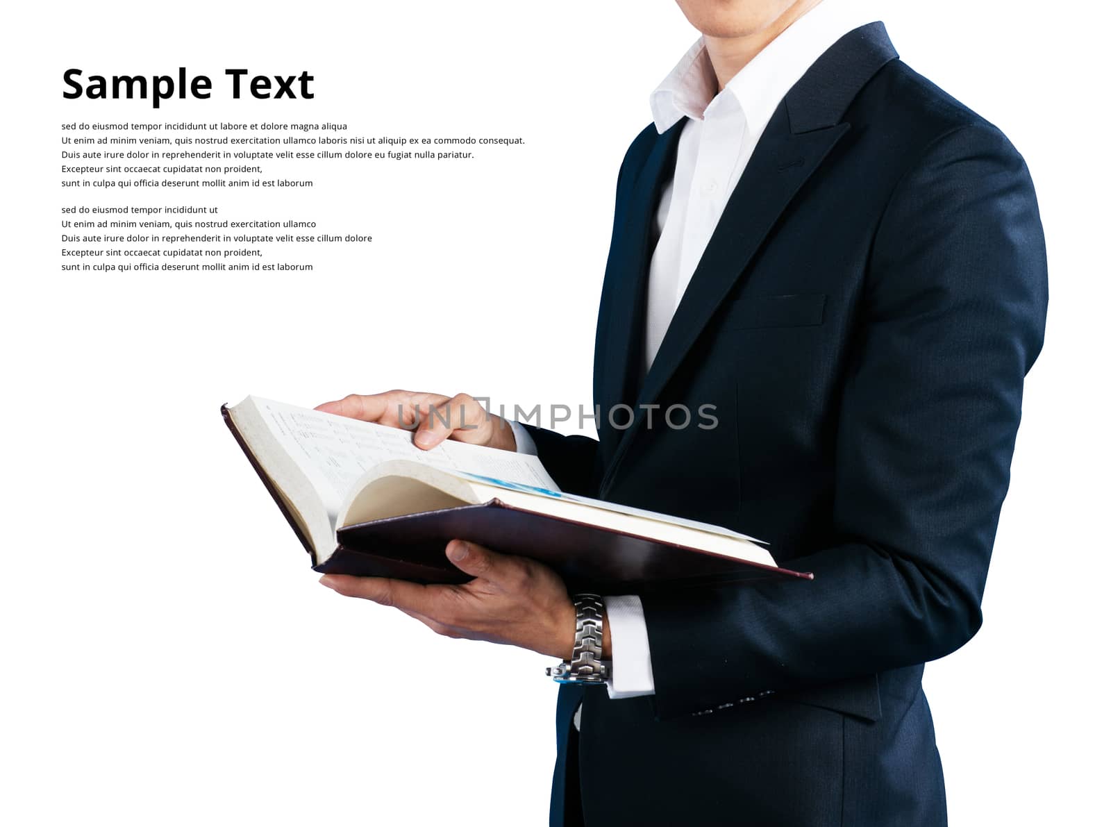 Businessman wearing in a suit wearing suit, holding book isolated on white background sample text clipping path
