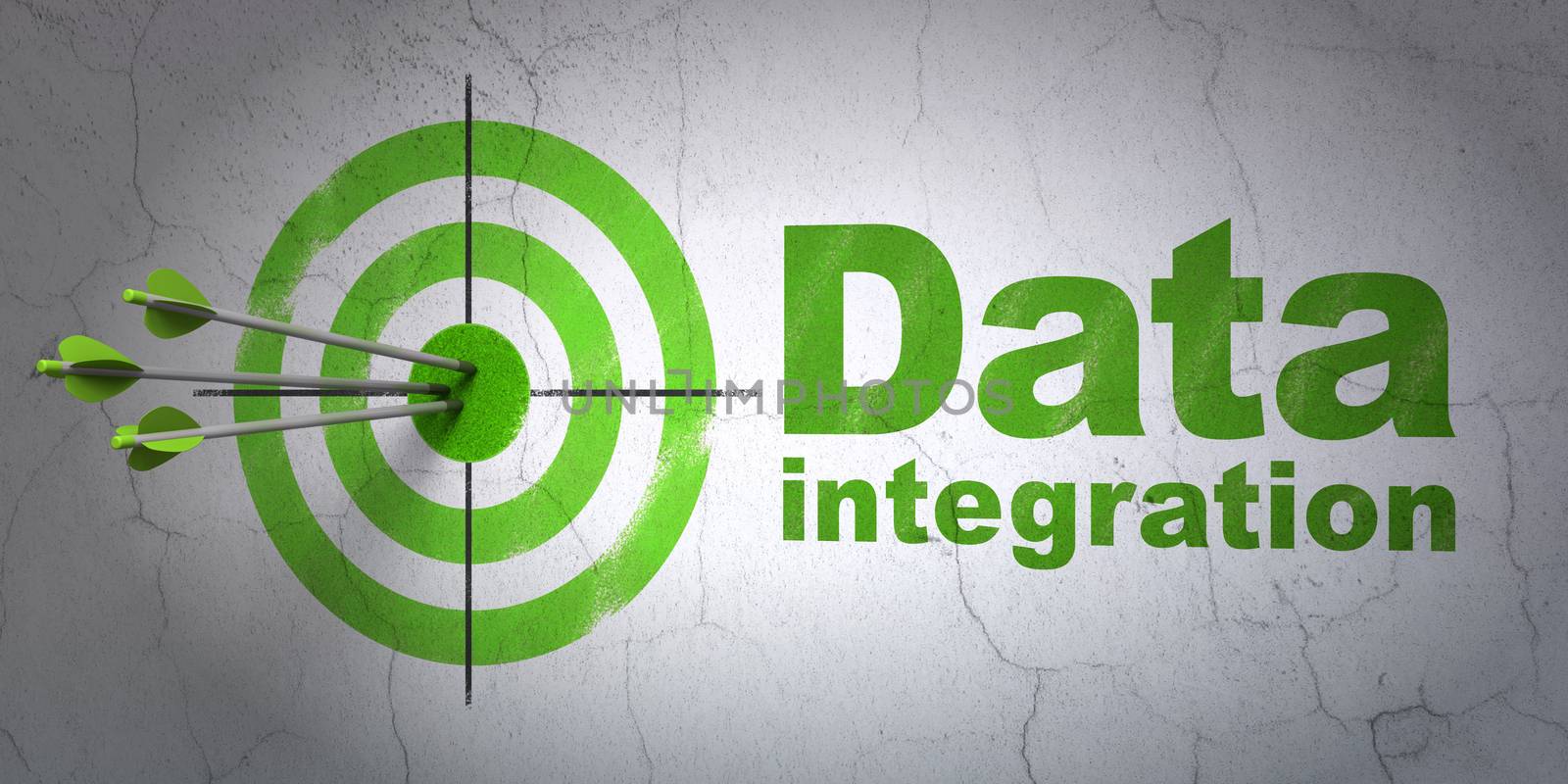 Success Information concept: arrows hitting the center of target, Green Data Integration on wall background, 3D rendering