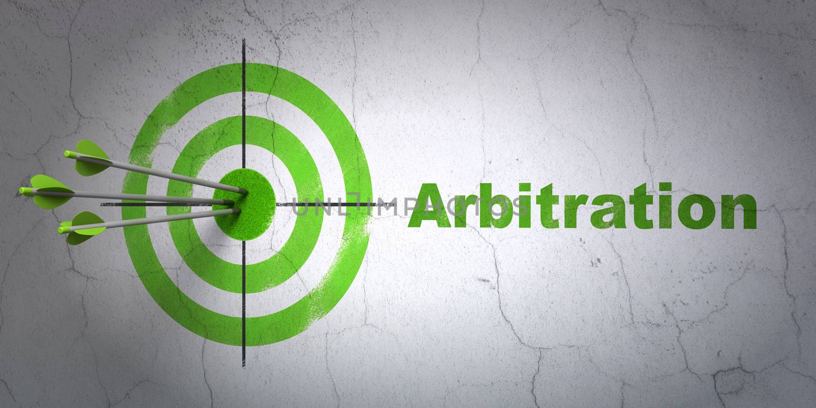 Success law concept: arrows hitting the center of target, Green Arbitration on wall background, 3D rendering