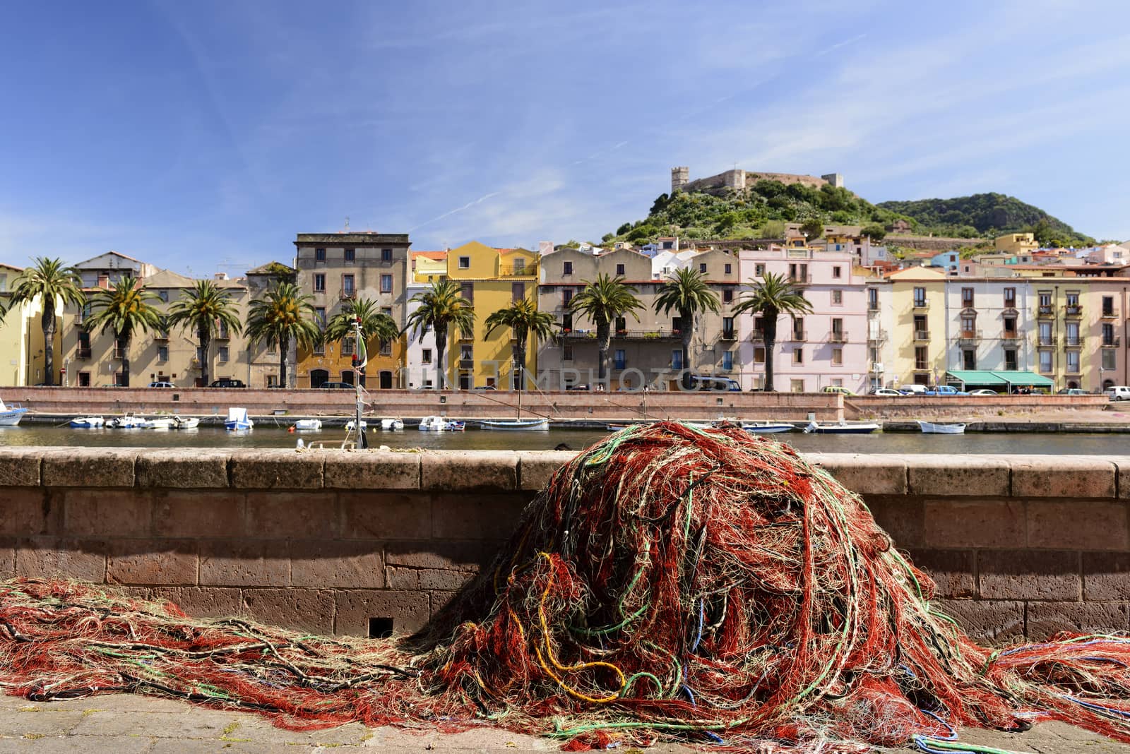 Cumulus of red nets for fishing. Along the Temo river in Bosa, Sardinia.